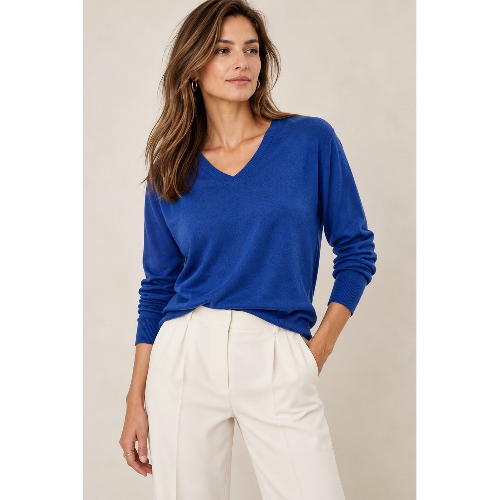 Banana Republic Silk Linen V Neck Sweater Women L Royal Blue 90s Preppy Classic